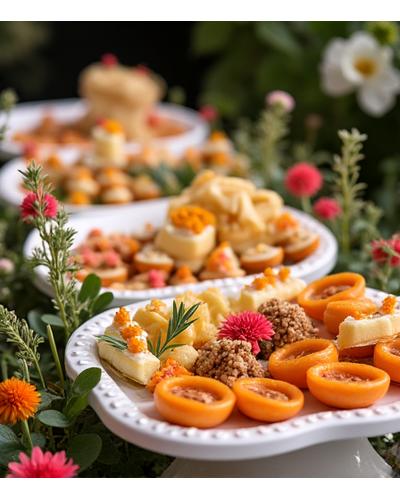 Buffet de traiteur luxueux avec une variété de petits fours et verrines, décoré de fleurs.