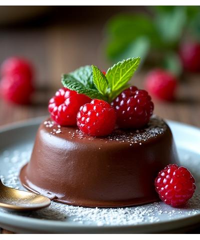 Dessert au chocolat richement décoré de fruits rouges frais et feuilles de menthe.