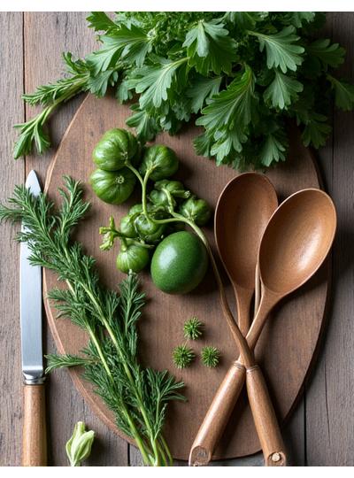 Composition rustique d'ingrédients frais: herbes, légumes et ustensiles sur une table en bois.
