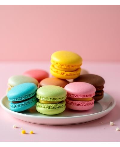 Assortiment coloré de macarons français sur une assiette en céramique.