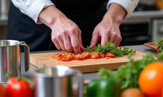 Un chef travaillant sur une recette avec des ustensiles et des ingrédients